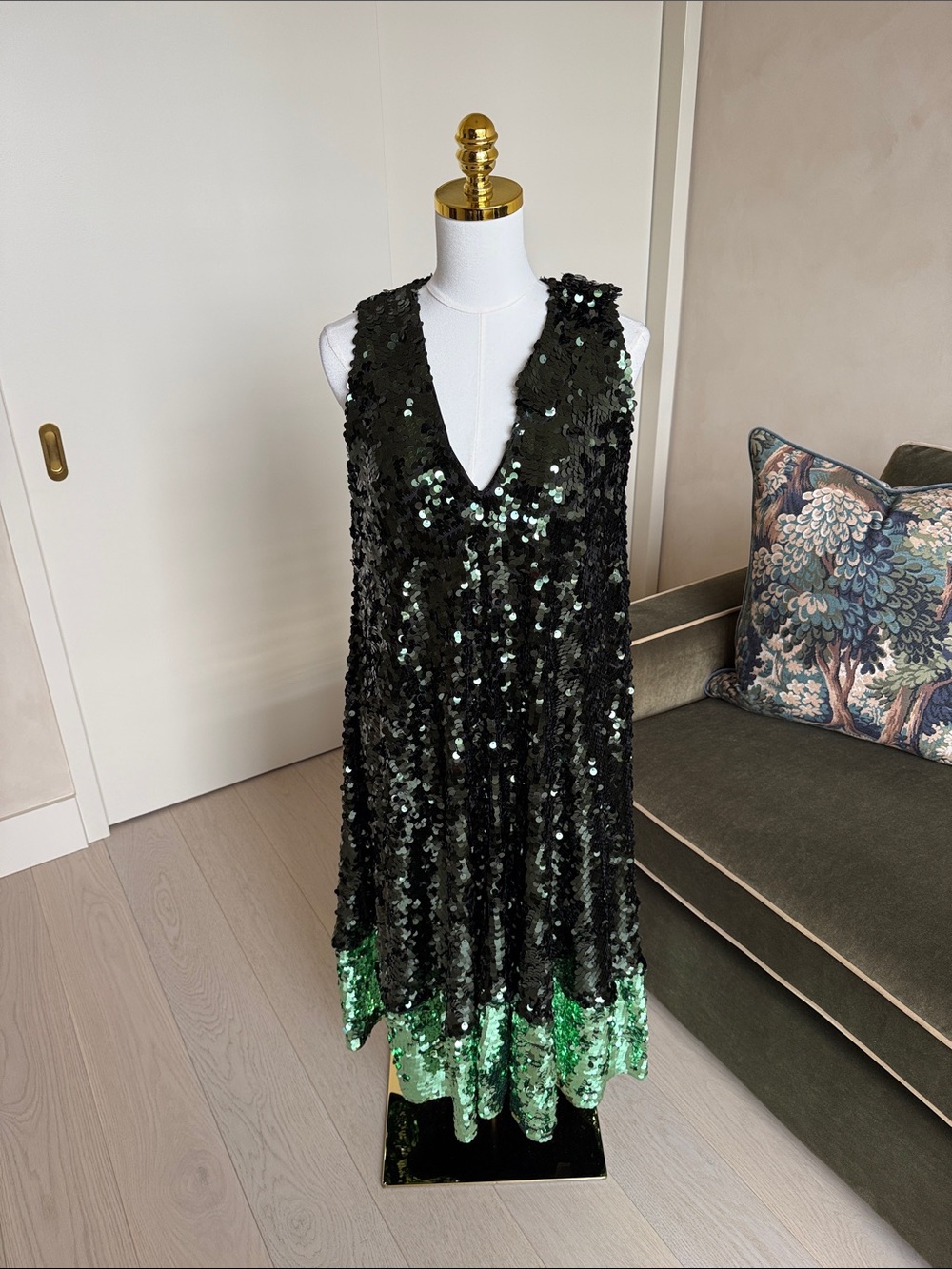 Zara Two Tone Green Sequin Midi Dress Size M-L